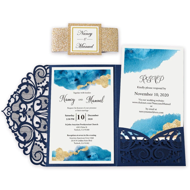 DORIS HOME 50PCS Laser Cut Wedding Invitations with Envelopes and RSVP Cards BLANK Inner With Gold Glitter Belly Band for Wedding Engagement Bridal Shower Party Invite 4.7x7 Inch Navy Blue - Image 1